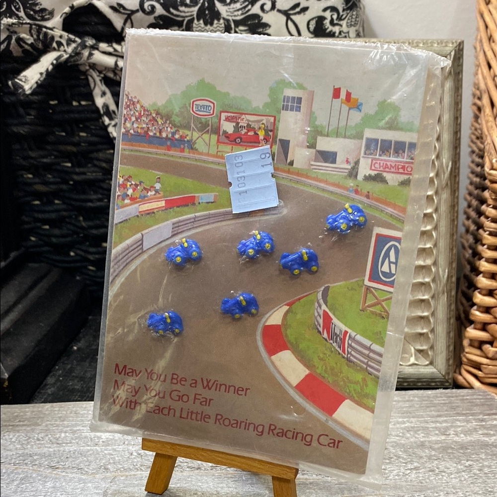Vintage 1983 Avon Racing Cars Card with Blue Car Embellishments!